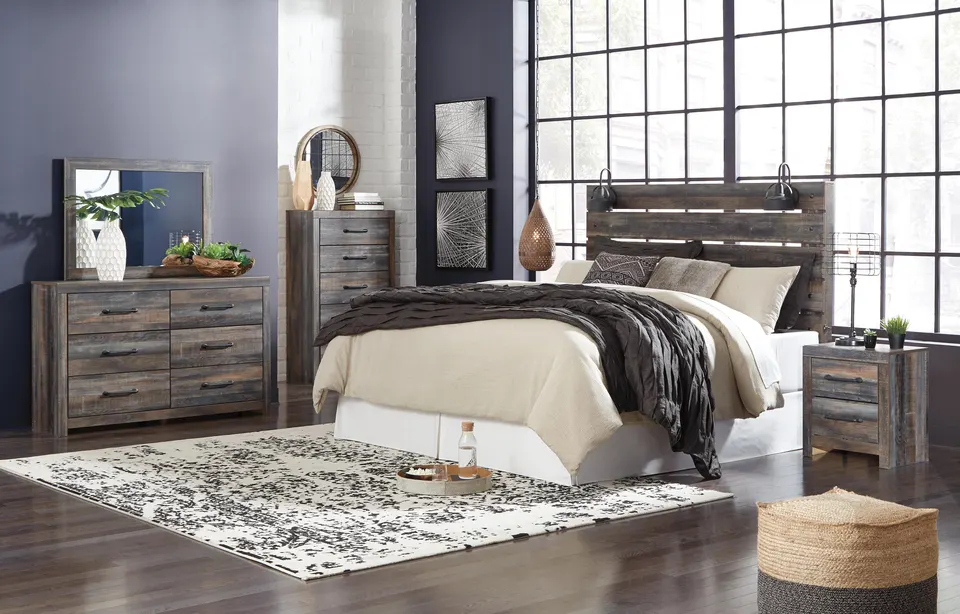 Ashley Drystan rustic panel bed with dresser, chest and nightstand