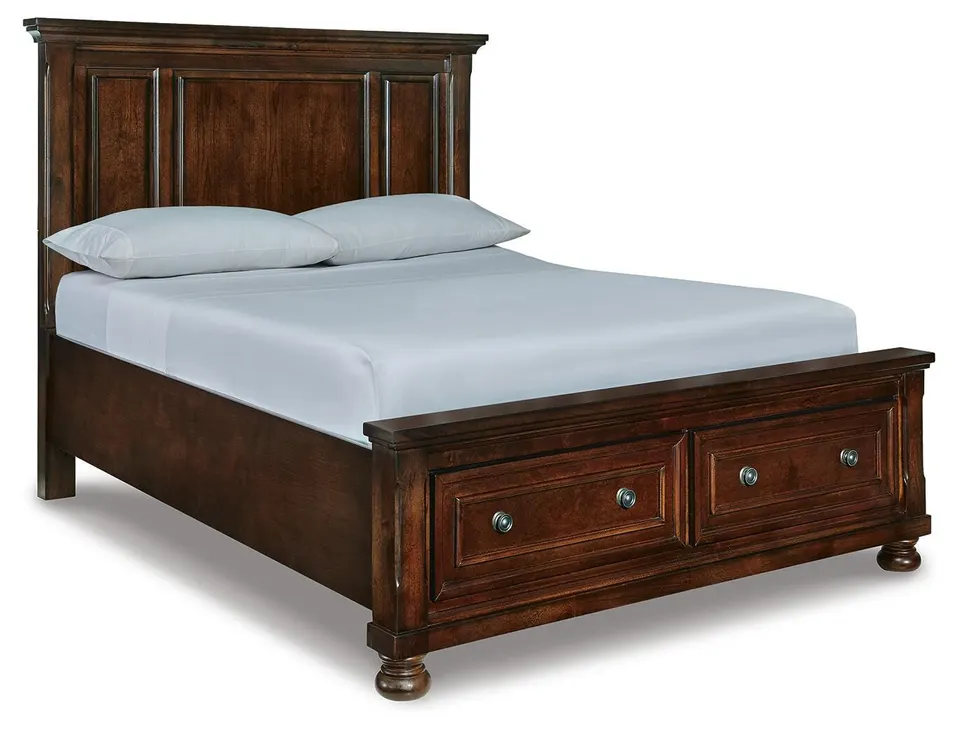 Cherry wood queen panel bed with storage footboard