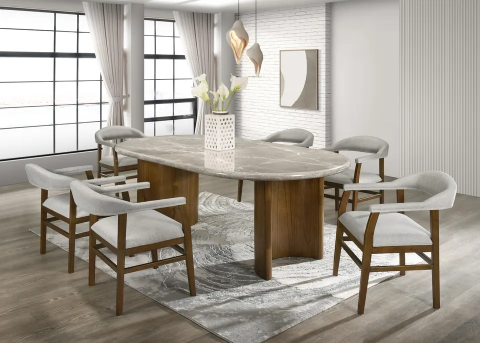Generation Trade Estancia dining chairs around an oval wood-base table