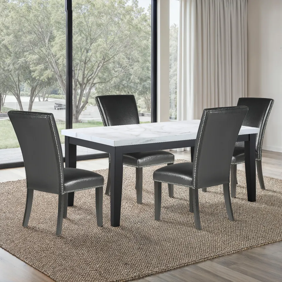 Steve Silver Sterling marble-top dining table with black chairs by tall windows