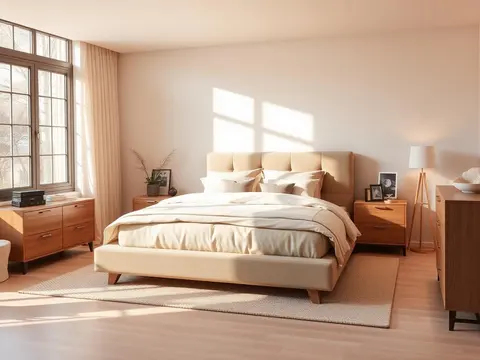 Bedroom with an upholstered bed, nightstands and soft morning light