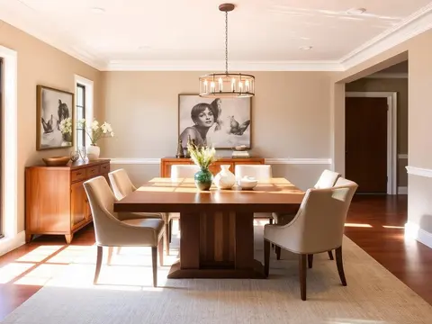 Dining room with a wood table, upholstered chairs and a chandelier